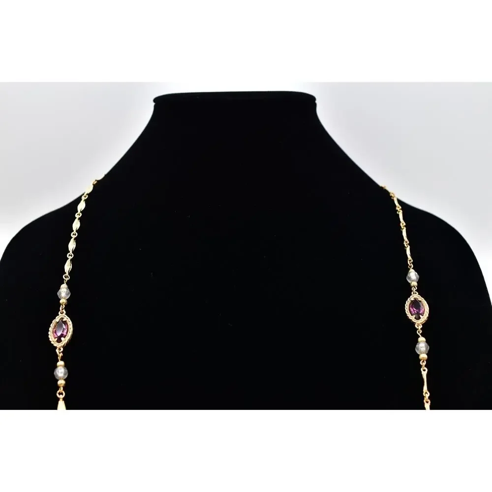 1928 Vintage Necklace Purple Crystal Gold Bezel Long Station Beaded Signed 9J